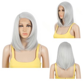 Silver Grey Short Straight Bob Lace Front Synthetic Wig LF213
