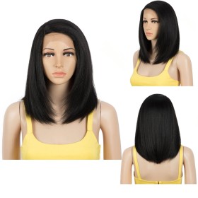Black Short Straight Bob Lace Front Synthetic Wig LF214