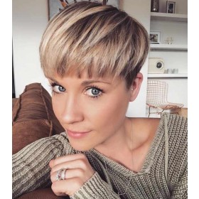 Red-Gold Blonde With Dark Roots Short Straight Synthetic Pixie Wigs RW1116