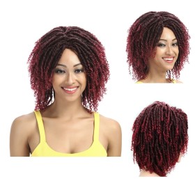 Wine Red Mixed Black Fluffy Braids Short Curly Synthetic Wig RW255