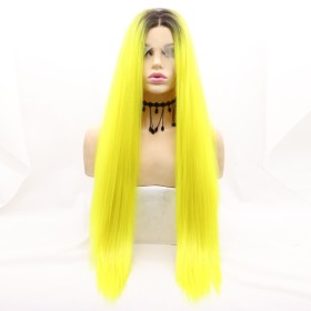 Bright Yellow With Dark Roots Long Straight Lace Front Synthetic Wigs LF725