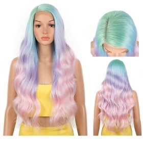 Pink Purple Blue Green Ombre Long Wavy Lace Front Synthetic Wig LF211