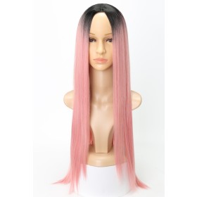 Pink With Dark Roots Long Straight Synthetic Wigs RW813