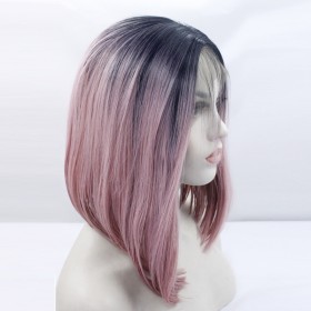 Two Tone Pink With Dark Roots Straight Bob Lace Front Synthetic Wig LF473