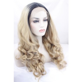 Light Brown Gradient With Dark Roots Big Wavy Lace Front Synthetic Wigs LF539