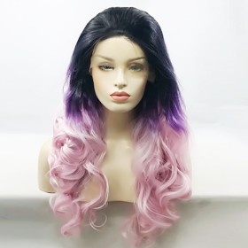 Black Purple Pink Ombre Wavy Red Lace Front Synthetic Wigs LF538