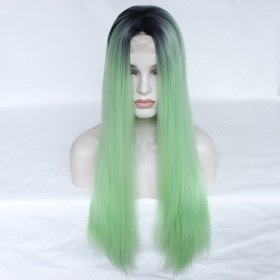 Light Green With Dark Roots Straight Lace Front Synthetic Wig LF437