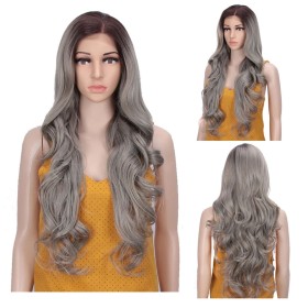 Two Tone Grey with Dark Roots Long Wavy Lace Front Synthetic Wigs LF187