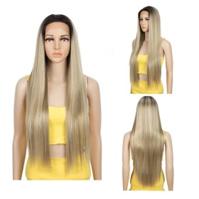 Two Tone Blonde With Dark Roots Long Straight Lace Front Synthetic Wigs LF189