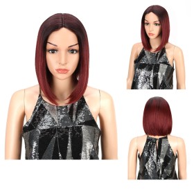 Wine Red With Dark Roots Short Straight Bob Lace Front Synthetic Wig LF202