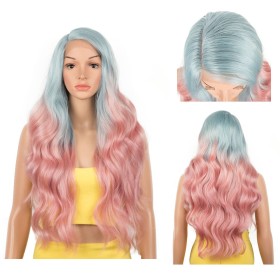 Pink Light Blue Ombre Body Wavy Lace Front Synthetic Wig LF210