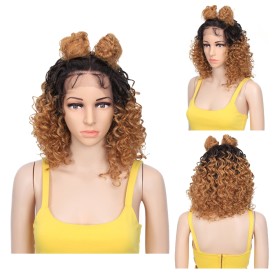Golden Brown With Dark Roots Fluffy Short Curly Lace Front Synthetic Wig LF221