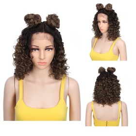 Two Tone Brown With Dark Roots Fluffy Short Curly Lace Front Synthetic Wig LF222