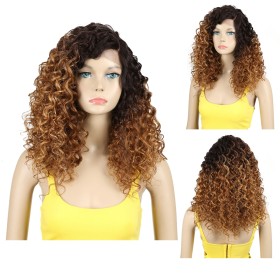 Light Brown With Dark Roots Fluffy Short Curly Lace Front Synthetic Wig LF228