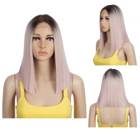 Pastel Pink With Dark Roots Lace Front Synthetic Wigs LF233