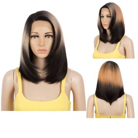Blonde Orange Black Ombre Straight Bob Lace Front Synthetic Wig LF216