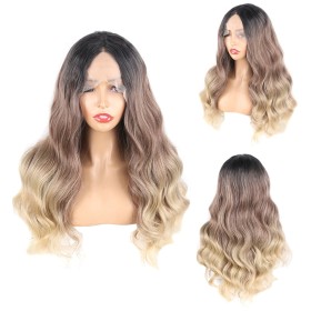 Blonde Brown with Dark Roots Wavy Lace Front Synthetic Wig LF056