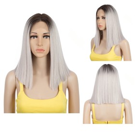 Silver Grey With Dark Roots Lace Front Synthetic Wigs LF234