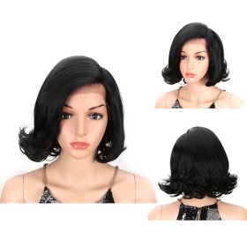 Black Short Fluffy Wavy Lace Front Synthetic Wig LF256