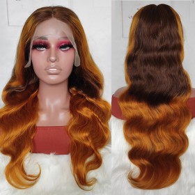 22" Golden Brown Ombre Body Wavy Lace Front Remy Natural Hair Wig NH289