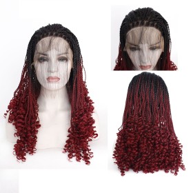 18" Black Wine Red Double Braid Curly Lace Front Synthetic Braided Wig BW390