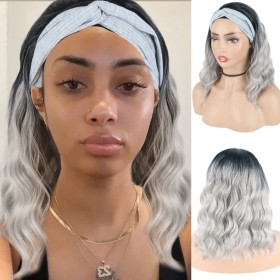 Gray With Dark Roots Mid-Length Wavy Synthetic Headband Wigs HW932