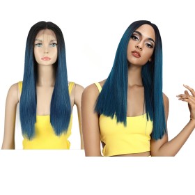 Coral Blue With Dark Roots Straight Lace Front Synthetic Wig LF229