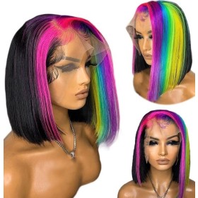 Black Mixed Colorful Straight Bob T Part Lace Front Synthetic Wigs LF590