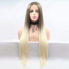 Grayish Brown Blonde Ombre Long Straight Lace Front Synthetic Wigs LF723