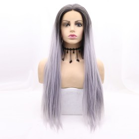 Grey Light Purple Ombre Long Straight Lace Front Synthetic Wigs LF728