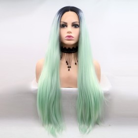 Opal Green With Dark Roots Long Straight Lace Front Synthetic Wigs LF738