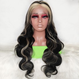20" Black Mixed Blonde Body Wave Lace Frontal Remy Natural Hair Wig NH295