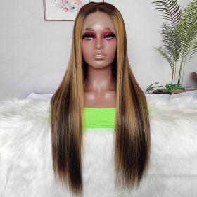 22" Brown Mixed Golden Straight Lace Front Remy Natural Hair Wig NH303
