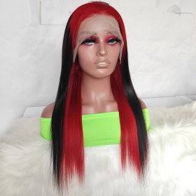 20" Black with Inner Red Roots Straight Lace Front Remy Natural Hair Wig NH306