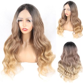 Brown Golden Gradient Wavy Lace Front Synthetic Wig LF055