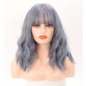 Gray Mixed Blue Bangs Short Wavy Synthetic Wigs RW815