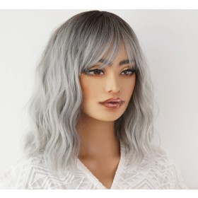 Silver Grey with Dark Roots Wave Synthetic Hair Wig RW009