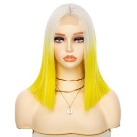 Platinum Blonde Yellow Ombre Short Straight Bob Lace Front Synthetic Wigs LF1202