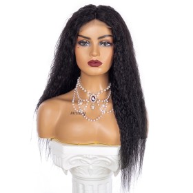 Black Kinky Straight Lace Front Blend Human Hair Wigs NH1215