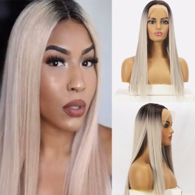 Mid-Length Blonde with Dark Roots Straight Lace Front Synthetic Wig LF060