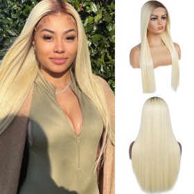 Blonde With Dark Roots Long Straight Lace Front Synthetic Wigs LF085