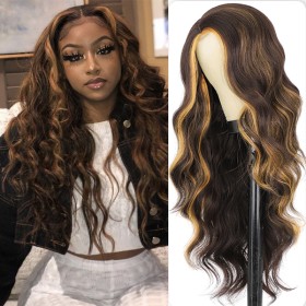 Brown Mixed Golden Wavy Synthetic Wig RW048