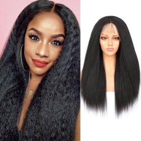 Black Straight Yaki Lace Front Synthetic Wig LF052