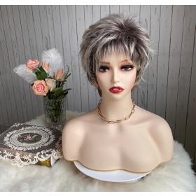 Two Tone Silver Grey Bangs Short Roll Synthetic Wigs RW1268