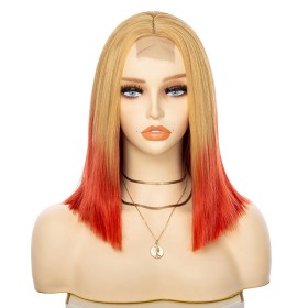 Dark Golden Red Ombre Short Straight Lace Front Synthetic Wigs LF1198
