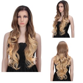 Blonde Brown Ombre with Dark Roots Long Wavy  Lace Front Synthetic Wigs LF185