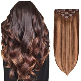Brown Mixed Golden Human Hair Clip In Hair Extensions 4-piece Set PW1093