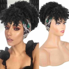 Black African Curly Bangs One-piece Synthetic Headband Wigs HW924