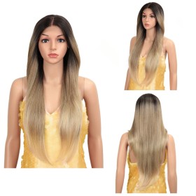 Two Tone Golden with Dark Roots Long Straight Lace Front Synthetic Hair Wigs LF181