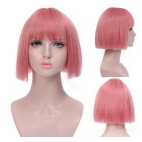 Pink Bangs Short Straight Bob Synthetic Wigs RW796